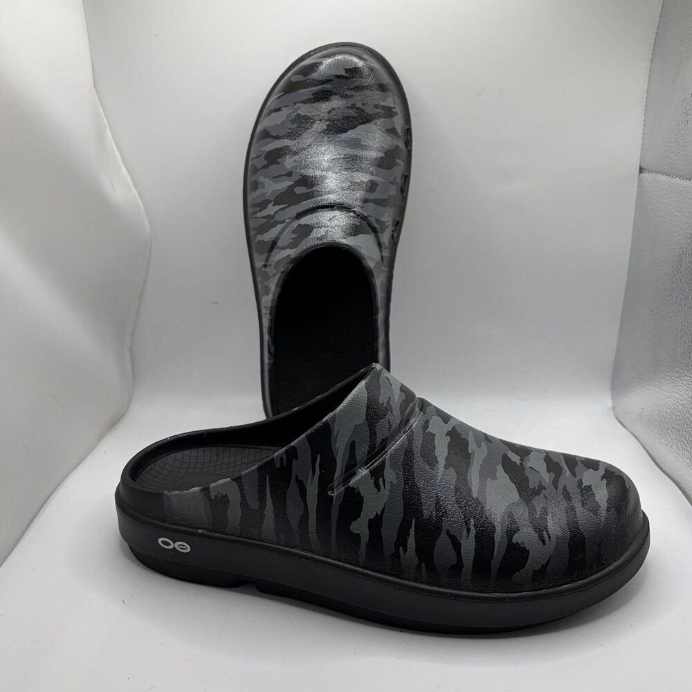 Oofos Ooclog Womens 10 Black Camo Cheetah Print Slip On Comfort Workwear Cushion